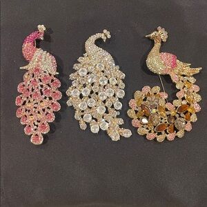 Elegant Peacock Brooch Set - Pink, Gold, Silver
